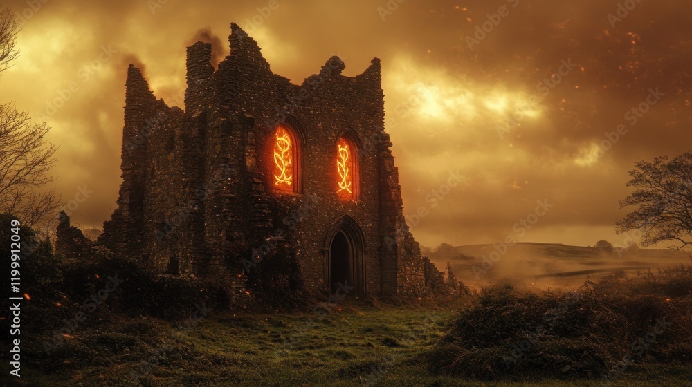 Fototapeta premium Burning castle ruin, fiery windows, misty hills, apocalyptic scene, game background