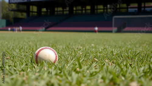 There is a dirty baseball left on the outfield grass of a small ballpark on a sunny day. Baseball, outfield, grass, small, ballpark, sunny, day, old ballpark photo