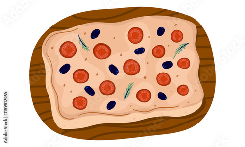 Focaccia with tomatoes, olives, and rosemary. Italian food. Vector illustration