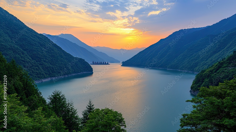 Sunset reflection over tranquil lake nature Sunset reflection over tranquil lake nature