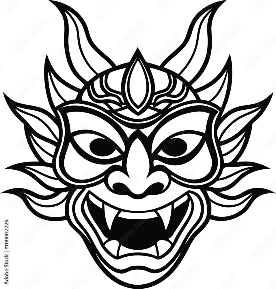 Obraz premium Chinses mask silhouette vector illustration, demon mask line art, samurai mask vector, devil mask 