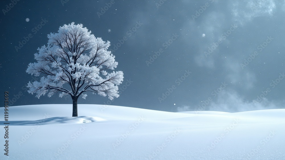 Eye-level view of a solitary tree with a stark black base and slender trunk stands proudly atop a snow-covered hill, its branches draped in a delicate, frosty veil of white Eye-level view of a solitary tree with a stark black base and slender trunk stands proudly atop a snow-covered hill, its branches draped in a delicate, frosty veil of white