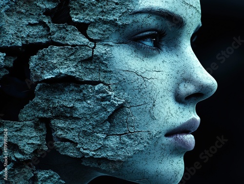 A woman's face cracks like a drought-stricken earth. Ideal for conveying themes of decay, fragility, environmental damage, or inner turmoil. Can be used for book covers, album art, or conceptual visua