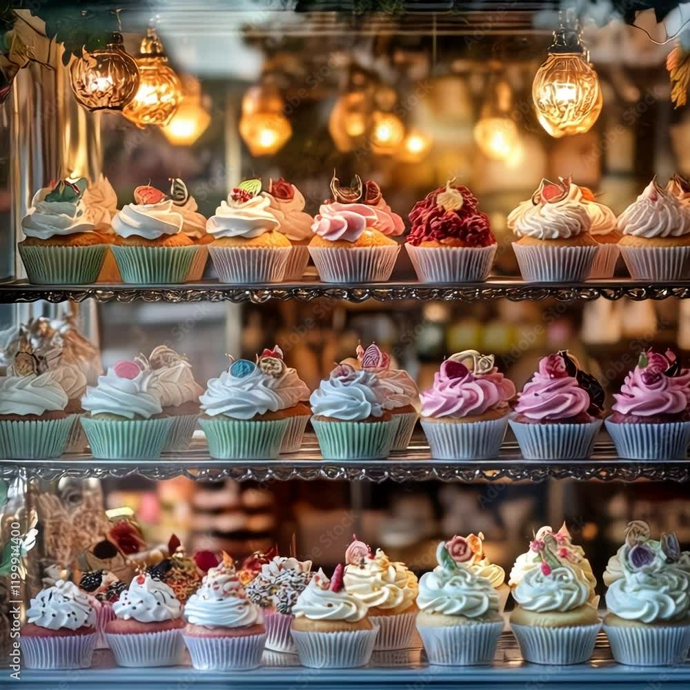 Delicious Cupcakes Display: A Colorful Array of Sweet Treats Under Warm Lights Delicious Cupcakes Display: A Colorful Array of Sweet Treats Under Warm Lights