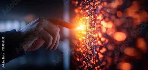A hand touches a glowing, intricate surface, creating a burst of light, suggesting interaction with technology or digital data visualization.