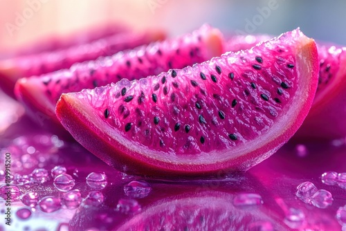 Fresh dragon fruit slices displayed with vibrant colors and droplets on a reflective surface