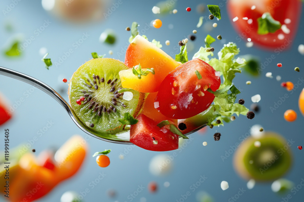 Spoon filled with colorful fruit and vegetables on a rustic wooden table. Spoon filled with colorful fruit and vegetables on a rustic wooden table.