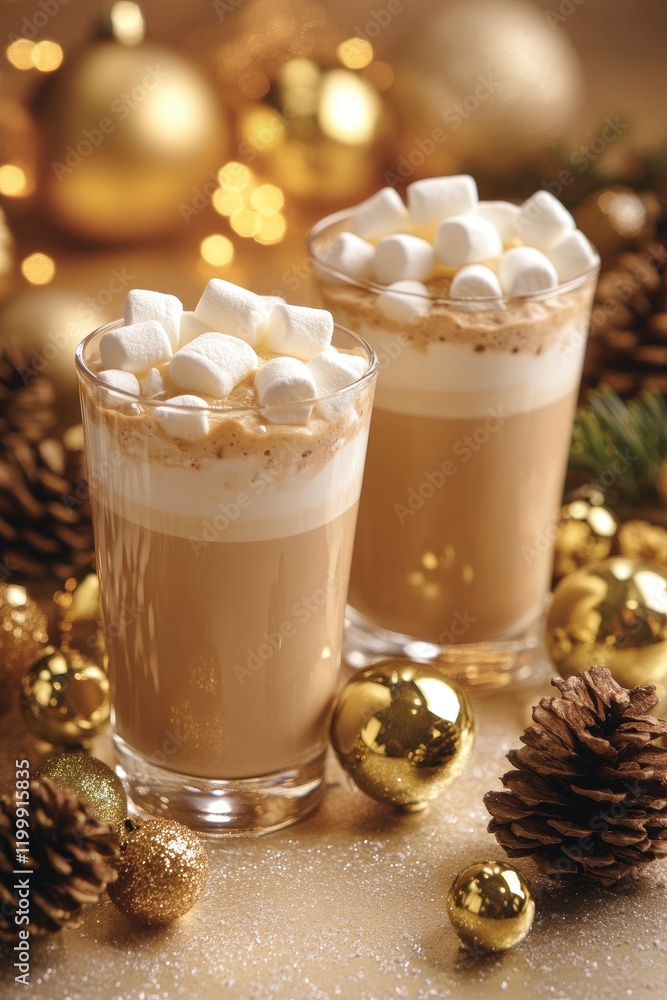 A festive and joyful photo of two glasses filled with hot chocolate, topped with marshmallows, surrounded by Christmas decorations like gold baubles and pine cones. A festive and joyful photo of two glasses filled with hot chocolate, topped with marshmallows, surrounded by Christmas decorations like gold baubles and pine cones.