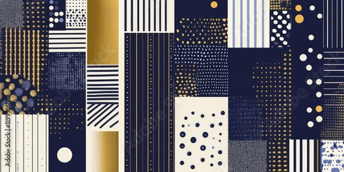 A geometric pattern with stripes, dots, and lines in navy blue, white, and gold colors.