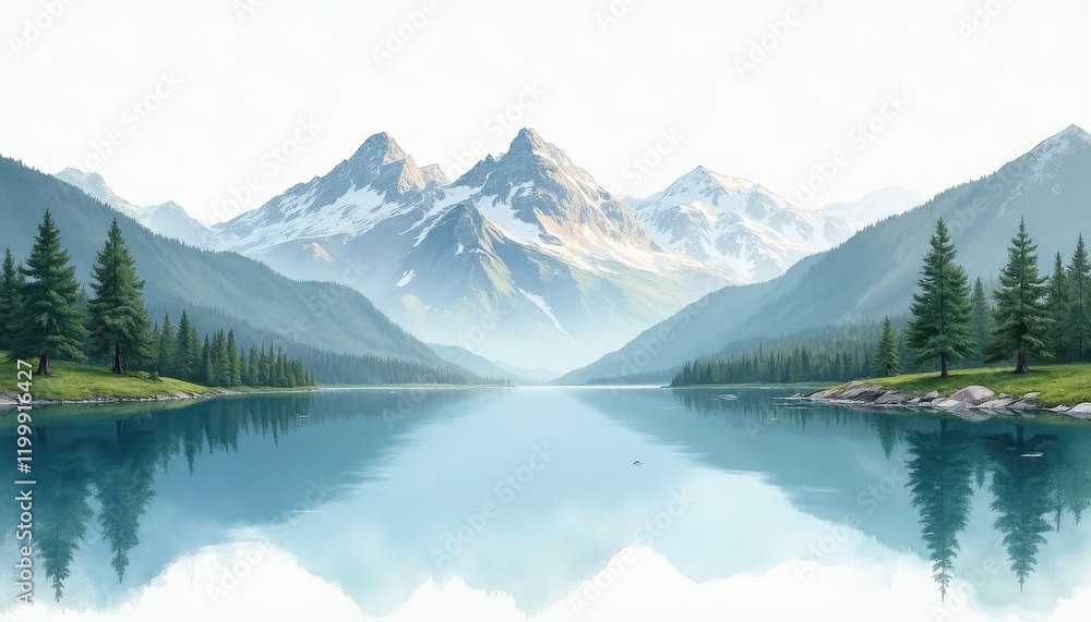 Lakeside Lushness: Tranquil Scene with Snow-Capped Mountains and Reflecting Sky Lakeside Lushness: Tranquil Scene with Snow-Capped Mountains and Reflecting Sky