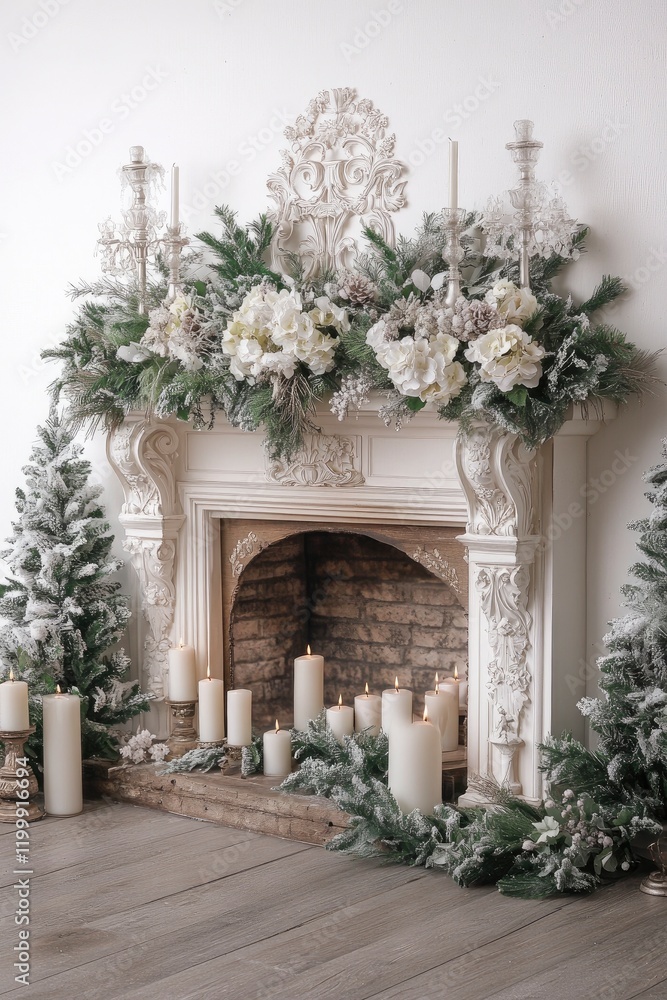 Naklejka premium A white Christmas fireplace decorated with greenery, candles, and flowers
