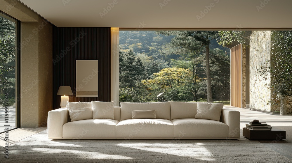Fototapeta premium Modern sofa, mountain view, home interior design.