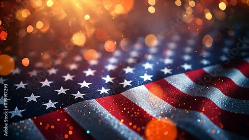 A close-up of an American flag lit by vibrant bokeh lights.