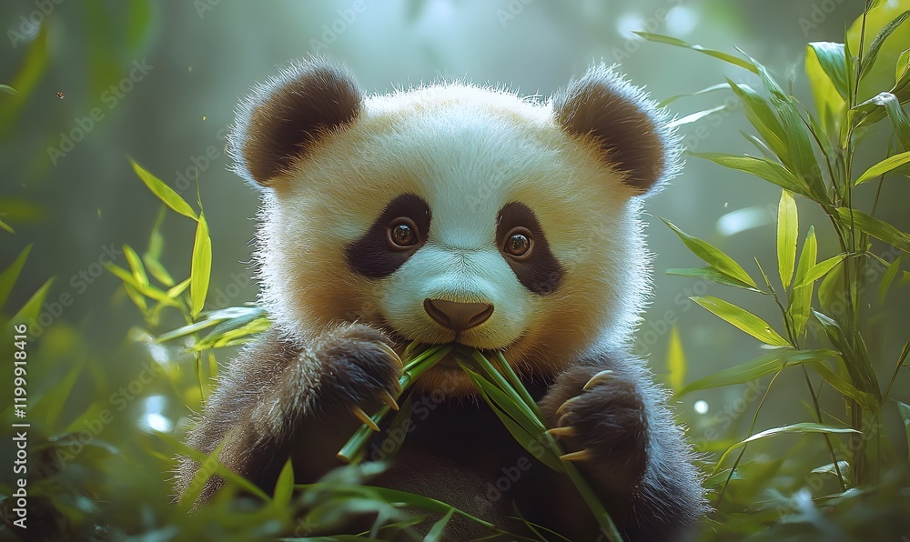 Fototapeta premium a Panda in a Zen-Like Pose, Slowly and Deliberately Eating Bamboo with a Calm Expression