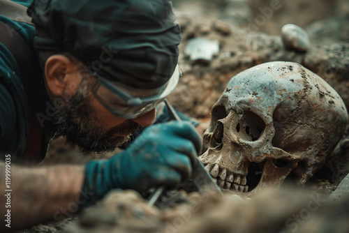 Archaeologist Carefully Excavating Fossilized Artifact Bones Skeletons in Field, Generative AI photo