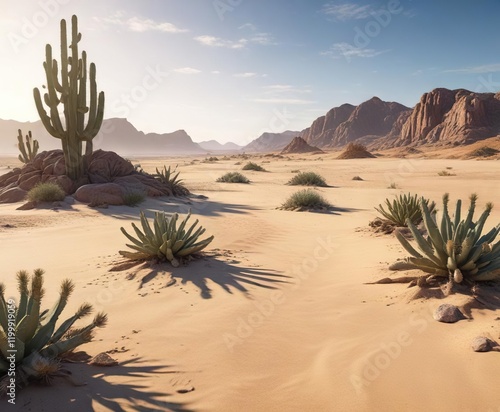 Desert landscape with cacti and a sandy beach, desert, natural, landscape, beach