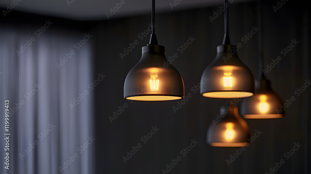Obraz premium Modern decorative electric lamps on ceiling in dark room with space for background.
