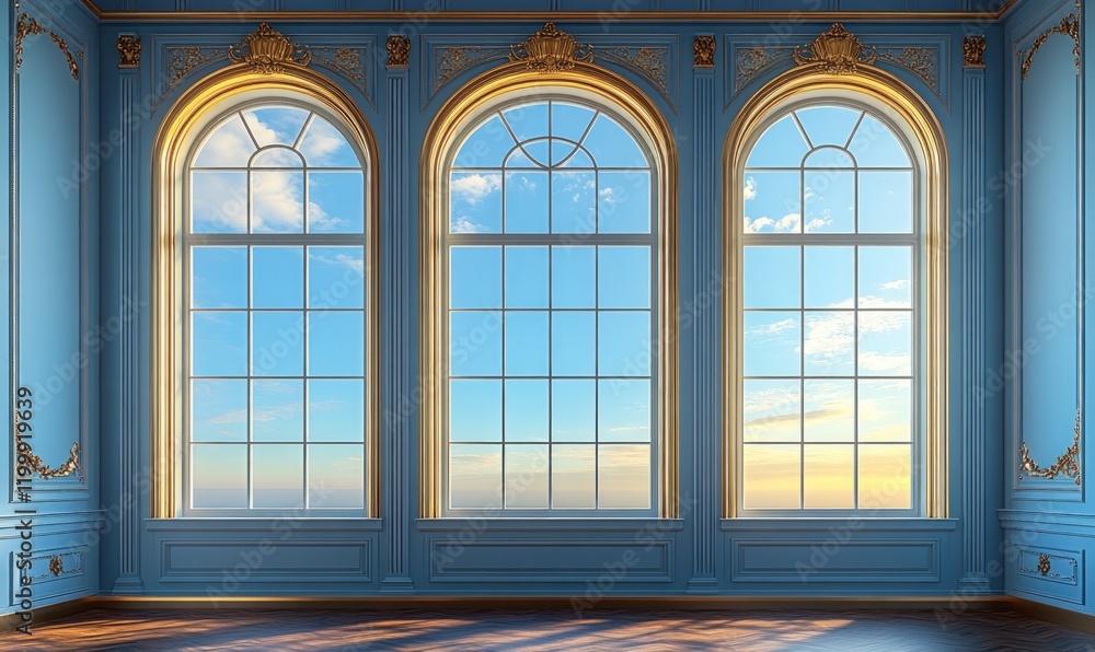 Fototapeta premium Elegant blue room, three arched windows, sunrise view.