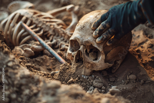 Archaeologist Carefully Excavating Fossilized Artifact Bones Skeletons in Field, Generative AI photo