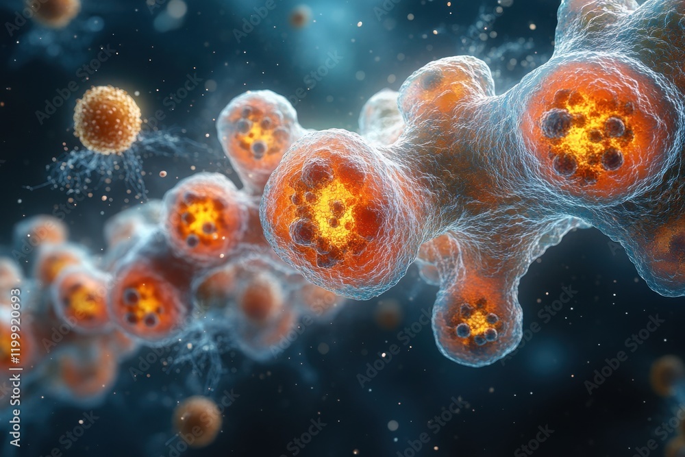 Naklejka premium Complex structure of molecular bonds and interactions in a vibrant, colorful representation of cellular components at a microscopic level