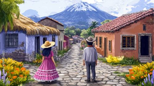 Two tourists are enjoying a stroll down a charming cobblestone street, lined with colorful houses and vibrant flowers, with a majestic volcano in the background
