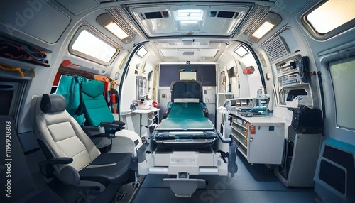Blurred background, interior view of a modern ambulance with a stretcher, medical equipment and paramedic seating, highlighting emergency preparedness