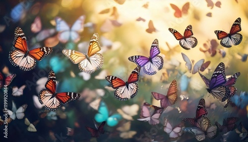 Out of focus background of a group of monarch butterflies with colorful wings flying in the sunlight, creating a vibrant and magical atmosphere.
