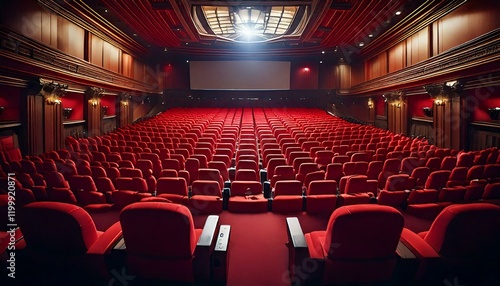Blurred background: rows of red seats filling an empty movie theater, highlighting a brightly lit white screen, creating a perfect viewing atmosphere.