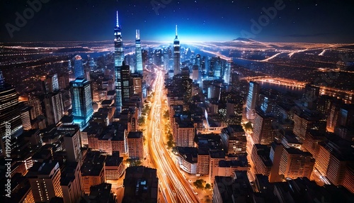 Blurred background: light trails illuminating the busy avenues of a bustling metropolis, its nightlife and towering skyscrapers .
