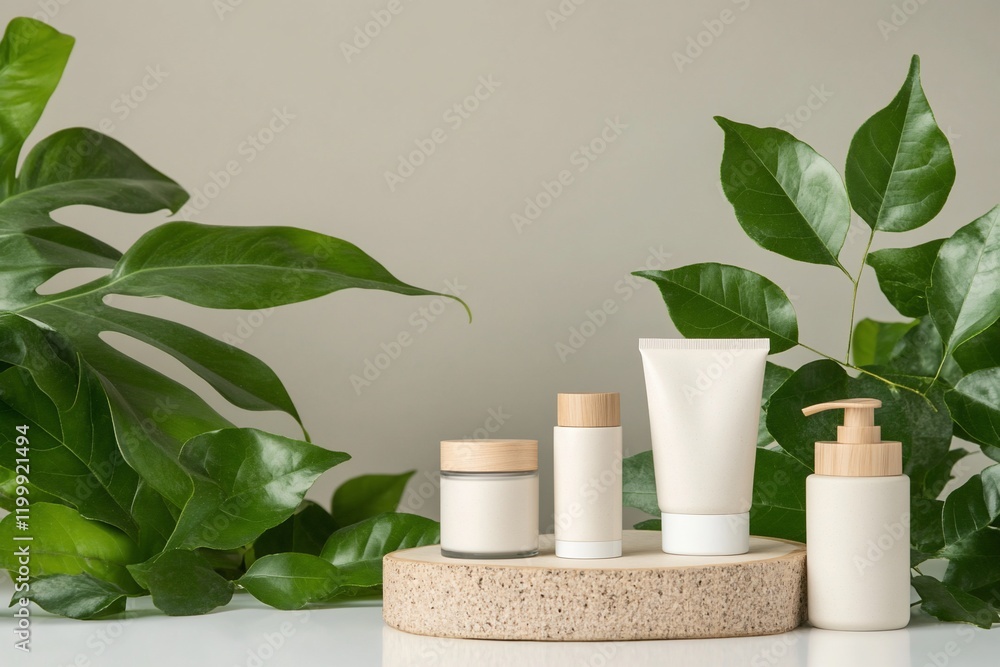 Natural cosmetic products on wooden display. Natural cosmetic products on wooden display.