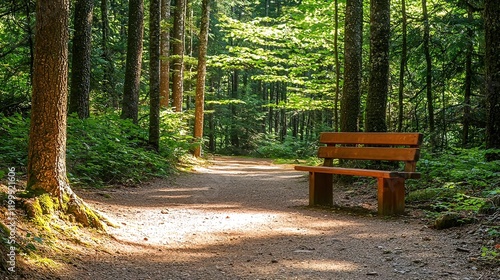 Sunlit forest path with wooden bench.