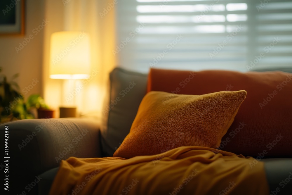 Cozy living room with warm lighting and a yellow accent pillow on a sofa Cozy living room with warm lighting and a yellow accent pillow on a sofa