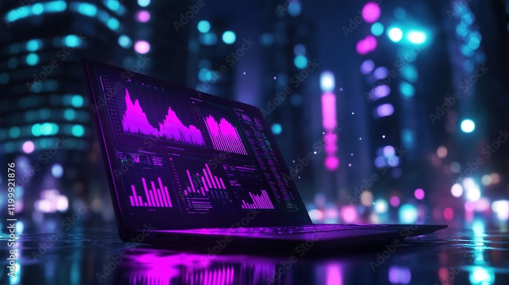 Fototapeta premium A laptop with graphs and data on the screen, glowing in purple light against an urban night backdrop.