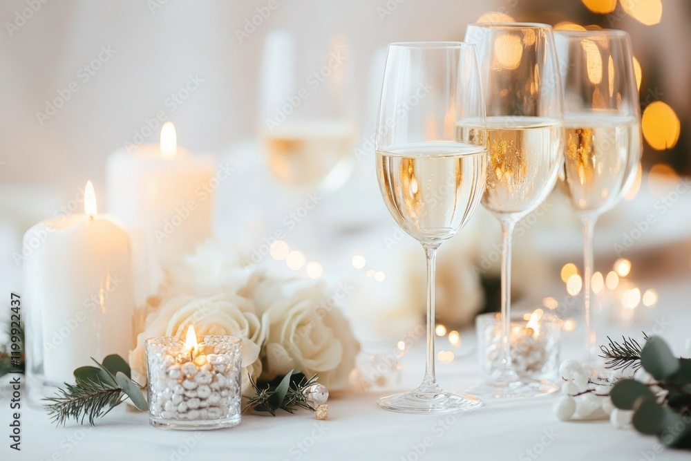 A beautifully arranged table with multiple wine glasses, candles, and flowers, ready for an elegant dinner party A beautifully arranged table with multiple wine glasses, candles, and flowers, ready for an elegant dinner party
