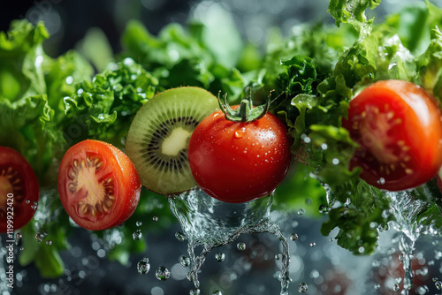 Tomatoes and kiles submerged in water with bubbles, vibrant colors suggest freshness, with a serene and refreshing vibe. photo