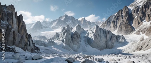 Dusty ice wall on Mer De Glace glacier, with snow-covered peaks of Mont Blanc massif in the background , glaciers, ice formations, snow covered mountains