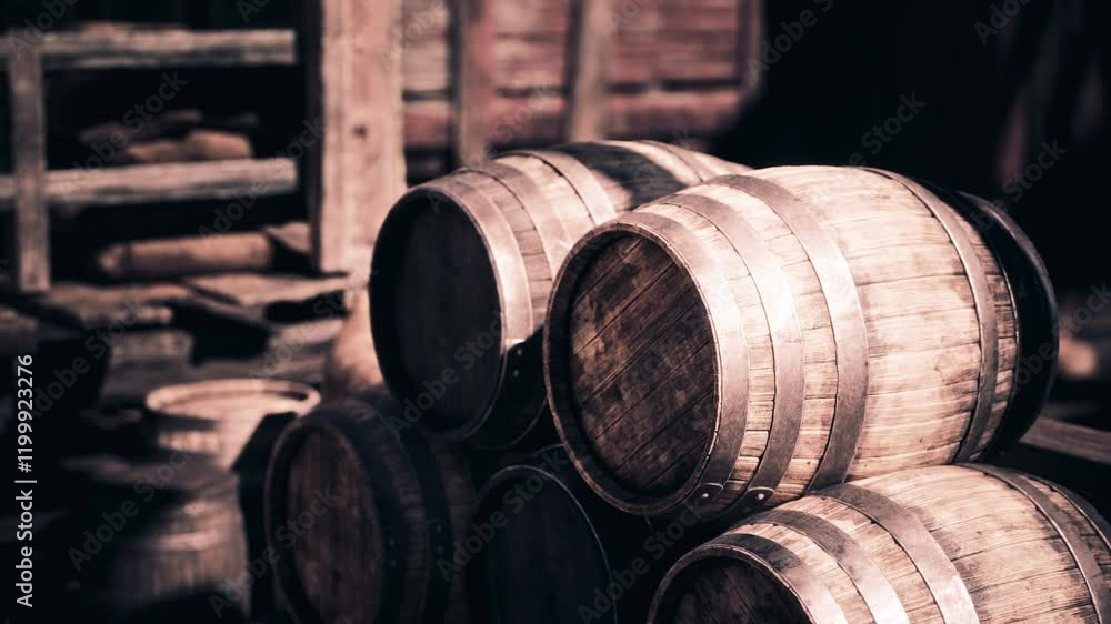 Several rustic wooden barrels are stacked together in a dimly lit storage area, showcasing their weathered texture under the soft light of day. The setting creates a nostalgic atmosphere. Several rustic wooden barrels are stacked together in a dimly lit storage area, showcasing their weathered texture under the soft light of day. The setting creates a nostalgic atmosphere.