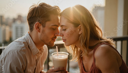 Couple sharing a milkshake on a balcony, loving connection