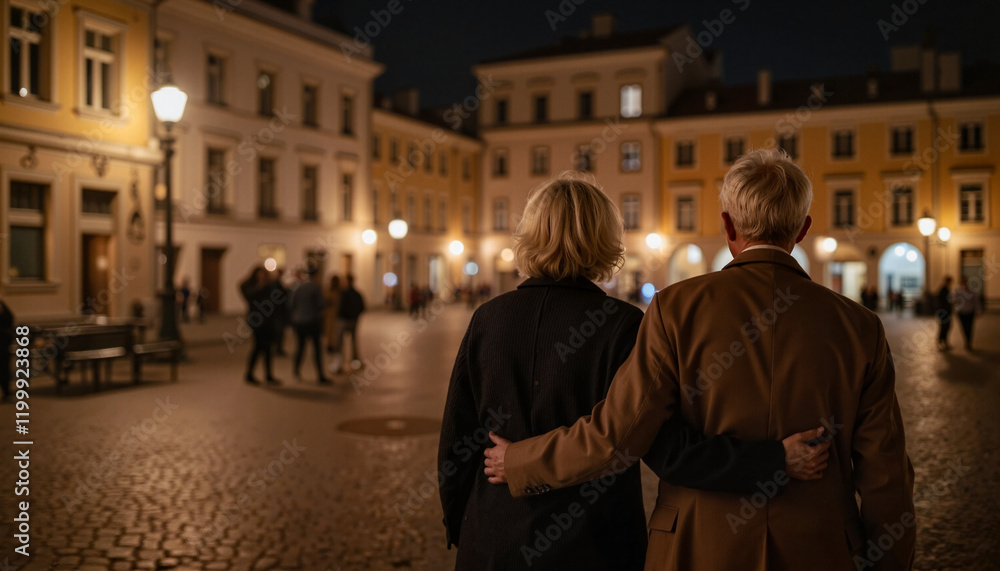 Elderly couple strolling arm-in-arm through historic square at night, heartfelt connection