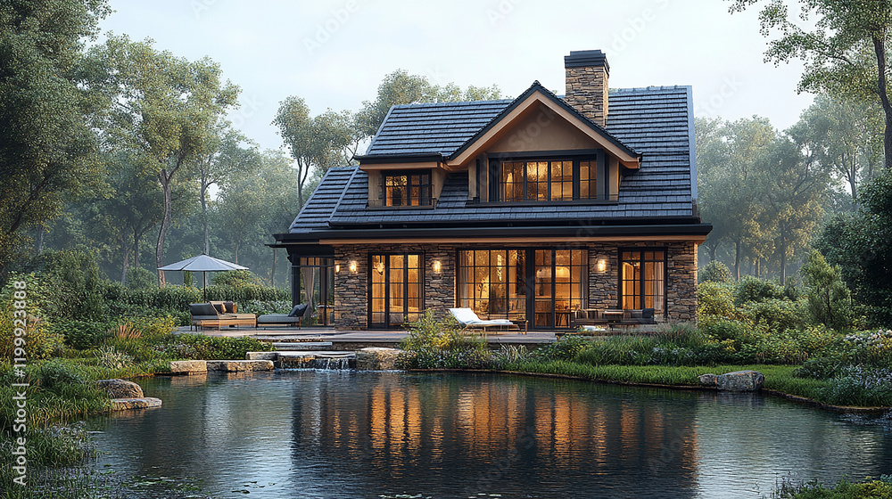 Fototapeta premium A house near a pond is depicted in a dreamy illustration,