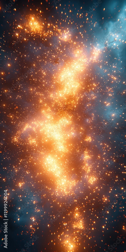 Fototapeta premium Golden sparks and particles flow and swirl against a dark teal and orange bokeh background. Use this abstract design for cosmic or fantasy-themed projects.
