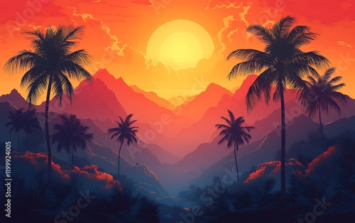 Tropical sunset valley, silhouette palms mountains, vibrant colors, scenic landscape, digital art, background image
