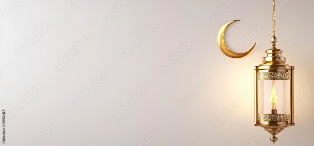 Golden lantern, crescent moon, white background. Ramadan greeting Golden lantern, crescent moon, white background. Ramadan greeting