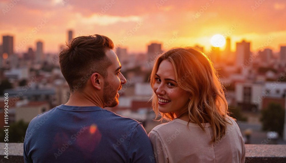 Joyful couple sitting on rooftop at sunset, intimate connection Joyful couple sitting on rooftop at sunset, intimate connection