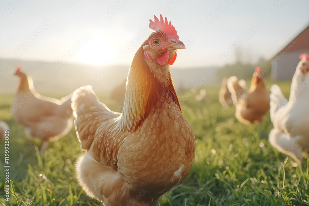 Fototapeta premium A group of free-range chickens exploring an open grassy area, warm sunlight, lively and natural
