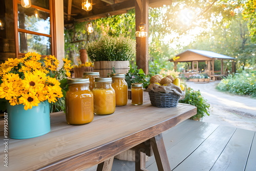 A quaint wooden farm stand in a rural setting with jars of honey and fresh produce, rustic decor, farm market