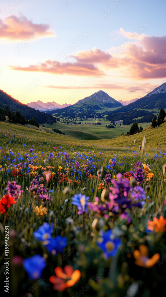 Obraz premium Wildflower-filled meadow under a pastel sunset, softly rolling hills on the horizon