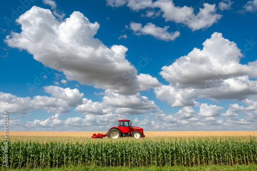 A vintage tractor in a field ready for harvest, framed by tall corn stalks and a cloudy blue sky photo