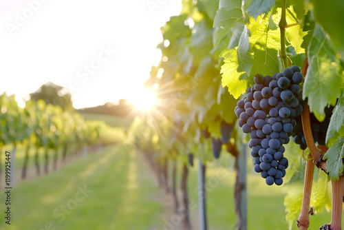 Rows of grapevines stretching into the distance, with sunlight filtering through, warm and abundant