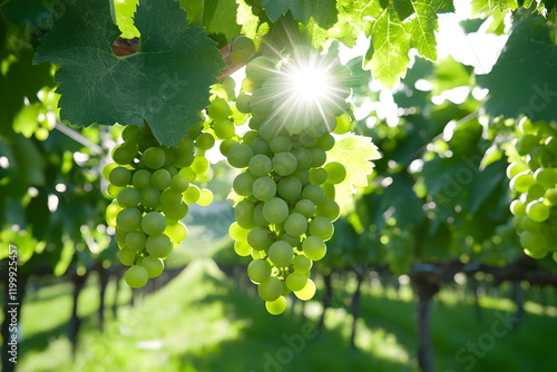 Rows of grapevines stretching into the distance, with sunlight filtering through, warm and abundant